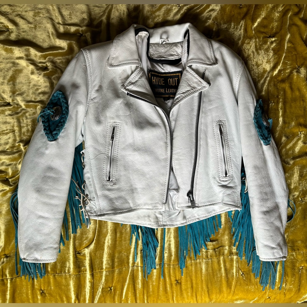 HYDE OUT White Genuine Leather Jacket with Teal Fringe